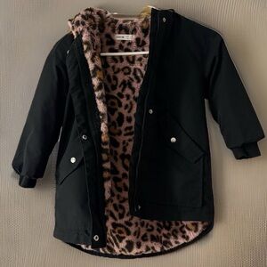 SHEIN Kids Black Winter Coat with Leopard Print